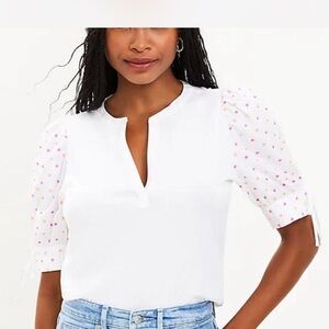 LOFT White Puff Sleeve Blouse with Mandarin Collar